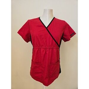 Cherokee Red Black Scrub Top Size Small Wrap Style Nursing Medical Uniform